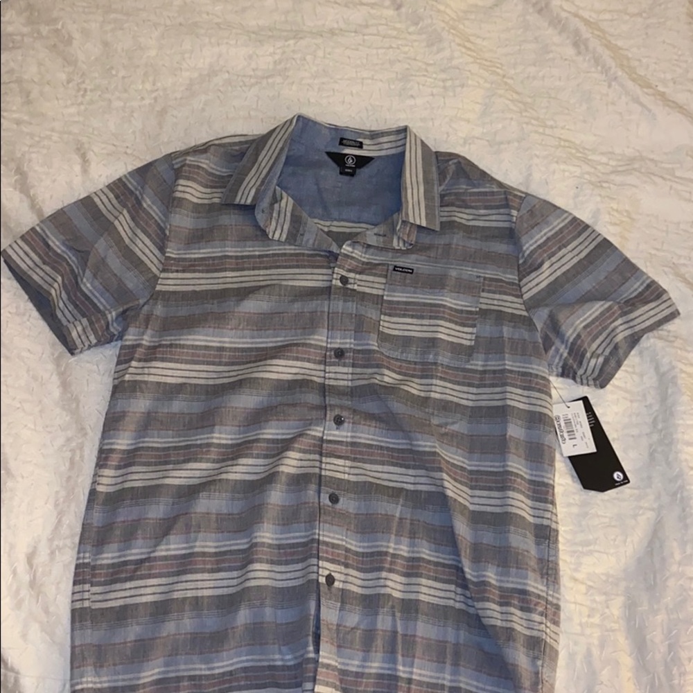 Volcom Men's Casual Blue and Gray Striped Shirt